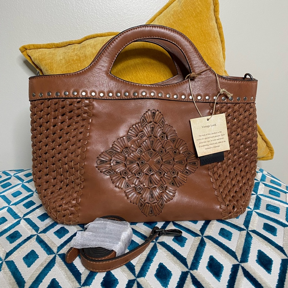 NWT! Handmade India Genuine Leather Stud Mandala Boho Convertible Tote Bag